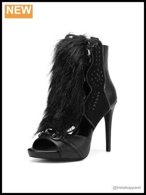 Faux Fox Fur Trim Peep Toe Stiletto Heeled Sandal Booties Cutout Leather 4 Inch